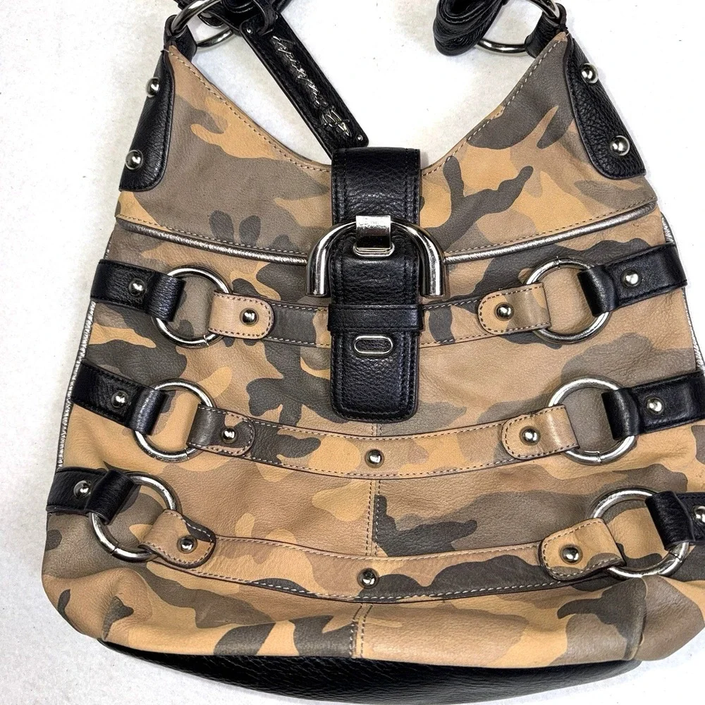 B Makowsky Camo Hobo Bag Black Leather Trim Silver Hardware Shoulder Purse